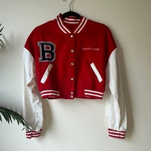 Red cropped varsity jacket